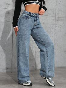 SHEIN EZwear Women Casual Button Waist Belt Pocket Straight Leg Jeans For Street Fashion - Blue - View 5