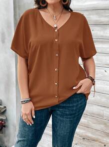 EMERY ROSE 大码女式棕色纽扣缀饰短袖衬衫（春季）