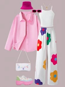 SHEIN Bộ 3 món Tween Girls - Áo dài tay màu hồng, quần ống rộng in hoa màu trắng và áo hai dây có gân - Nhiều màu - Xem 1