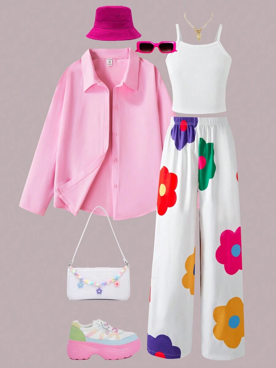 SHEIN Bộ 3 món Tween Girls - Áo dài tay màu hồng, quần ống rộng in hoa màu trắng và áo hai dây có gân - Nhiều màu - Xem 1