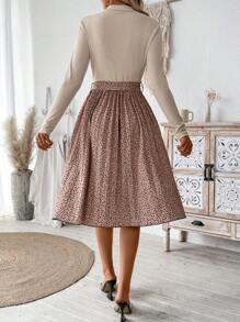 SHEIN Clasi Women's Spring/Summer Leopard Print Pleated Hem Stand Collar Casual Dress With Long Sleeves - Apricot - View 2