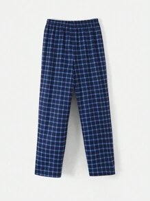 SHEIN Leap Crew 2pcs/Set Teen Boys' Urban Casual Simple Letter Embroidered Plaid Pocket Long Sleeve T-Shirt & Straight Leg Plaid Pants Pajama Set - Blue - View 3