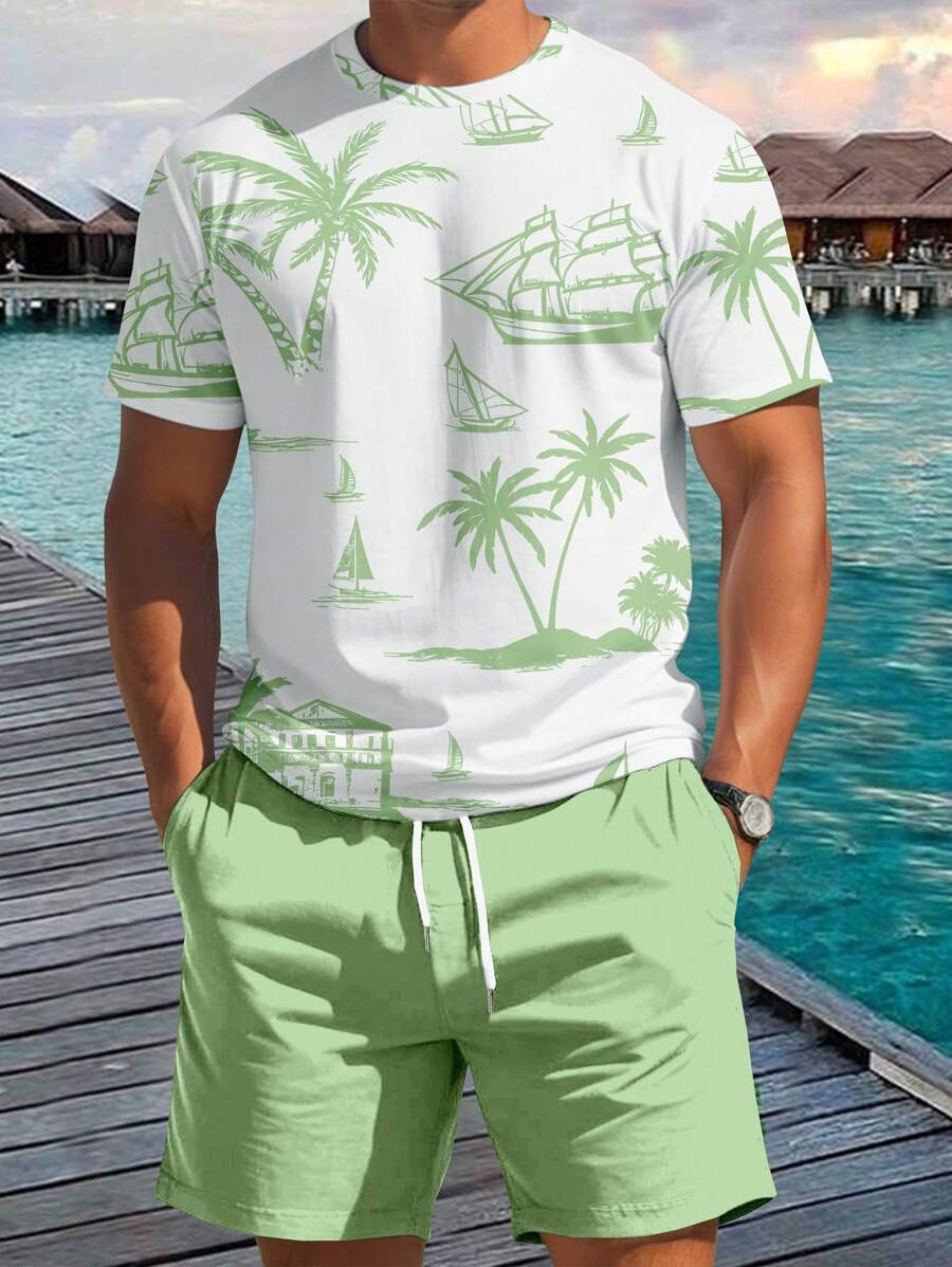 Manfinity RSRT Bộ 2 món áo thun cổ tròn tay ngắn in hình cây cọ dành cho nam mùa hè và quần short cạp rút dây, trang phục ấm áp - Nhiều màu - Xem 1