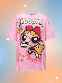 THE POWERPUFF GIRLS X SHEIN Camiseta holgada con estampado de letra de dibujos animados para mujer, rosa, de hombros caídos