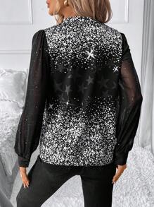SHEIN Clasi Women Shiny Long Sleeve Blouse, Autumn Black Top - Black - View 2
