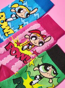 THE POWERPUFF GIRLS X SHEIN Women's 3 Pairs/Set Cute Blossom, Bubbles, Buttercup Pattern Comfortable Mid-Calf Socks,Y 2 K - Multicolor - View 7