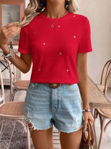 SHEIN Frenchy 女士线绣花心形印花休闲日常穿着短袖 T 恤，夏季 T 恤女士 T 恤茶会服装刺绣上衣 T 恤夏季上衣 - 紅色 - 查看 5