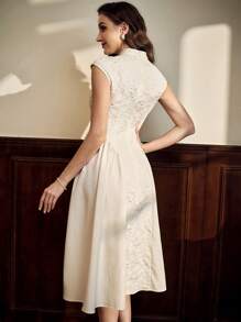 Vintamour 复古优雅女士旗袍领迷你连衣裙，中式花卉提花纹理面料，立领，短袖，褶皱拼接 A 字形休闲伞裙礼服女士连衣裙秋季女士连衣裙长裙舞会礼服白色连衣裙巡航女士服装返校节礼服秋季女装万圣节服装秋季连衣裙办公室服装女士秋季服装秋季女士服装伴娘礼服晚宴服装秋季服装生日女士服装文艺复兴礼服派对半正式礼服老钱 - 米色 - 查看 6