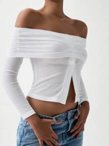 Chiquease Ladies Casual Elegant Off The Shoulder Long Sleeve Solid Color T-Shirt - White - View 1