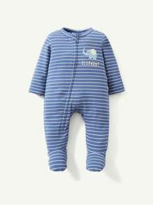 Cozy Pixies 2 Chiếc Sơ Sinh Bé Trai In Hình Hoạt Hình Màu Trơn Cổ Thuyền Dài Tay Áo Liền Quần Và Bộ Quần - Màu xanh lam - Xem 6