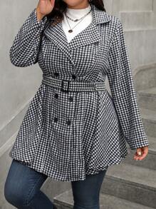 SHEIN LUNE Plus Size Lapel Long Sleeve Fashionable Button Charming Houndstooth Pattern Woolen Coat - Black and White - View 3