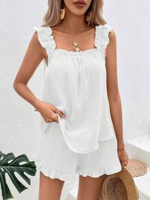 Breezaya Solid Ruffle Trim Top & Shorts - White - View 7
