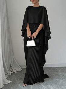 Elenzga Đầm Poncho tay lỡ đơn giản màu trơn thanh lịch dành cho nữ mặc hàng ngày - màu đen - Xem 6