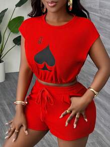 Slaydiva Women's Crew Neck Short Sleeve Graphic Printed T-Shirt And Drawstring Pocket Shorts Set - Red - View 7