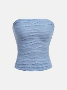 SHEIN 少女纹理针织休闲抹胸短款上衣 - 淺藍色 - 查看 1