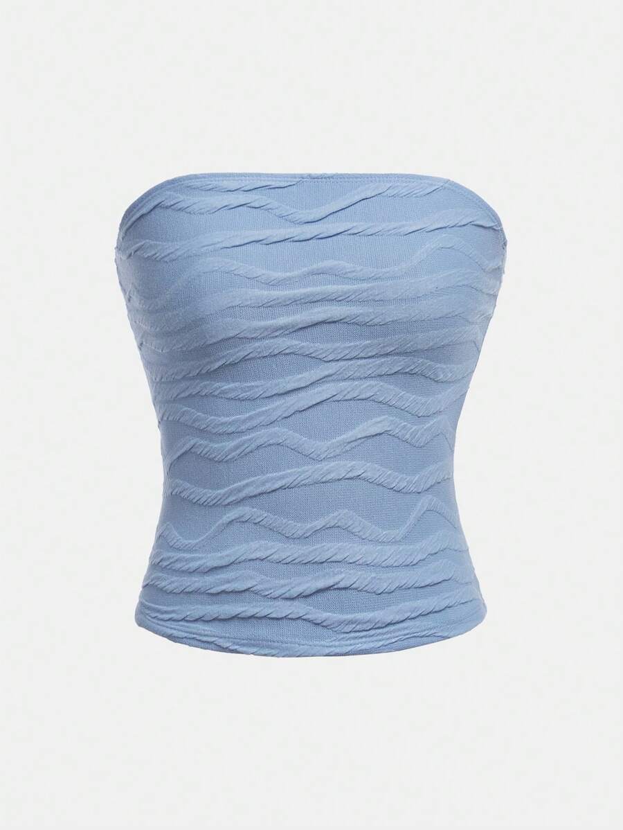 SHEIN 少女纹理针织休闲抹胸短款上衣 - 淺藍色 - 查看 1