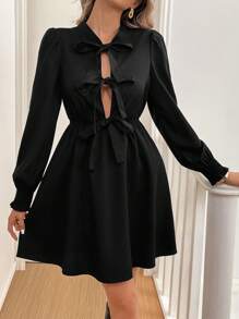 Chiquease Front Tie Casual Solid Color Long Sleeve Dress - Black - View 4