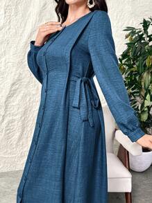 Al Najma Váy Maxi Ả Rập tay đèn lồng màu trơn giản dị mùa xuân & mùa hè dài vừa phải, tay dài, phong cách thanh lịch, thích hợp mặc hàng ngày/đi làm/ngày lễ/tiệc tối/khách dự tiệc cưới - Màu xanh lam - Xem 5