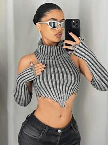 SHEIN ICON Blusa corta de punto de triángulo invertido gris oscuro con bufanda para mujer, estilo Y2K - Gris Oscuro - Ver 5