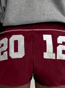 INAWLY 女士休闲抽绳腰印花短裤 - 酒紅色 - 查看 4