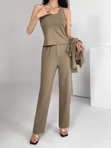 Modelyn Conjunto de 3 piezas para mujer: Chaqueta tipo cárdigan, Camiseta de tirantes y Pantalones casuales 2 piezas - Marrón - Ver 3