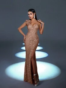 Faeriesty Vestido formal con cuello asimétrico, lentejuelas y abertura lateral - Champán - Ver 7