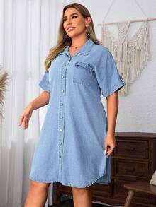 SHEIN LUNE Plus Size Mùa Hè Thường Ngày Nút Phía Trước Váy Denim Tay Ngắn - Rửa nhẹ - Xem 5