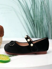 Square Toe Girls Pearl Decor Flat Casual Shoes, Spring & Autumn - Black - View 3