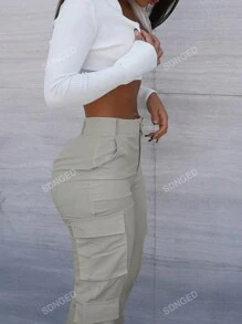 Pantalones cargo de un solo color con botones delanteros y bolsillos, para uso casual diario