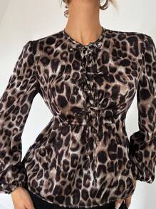 SHEIN Essnce Women's Leopard Print Satin Tie Collar Long Sleeve Shirt, Casual Vacation,Leopard Costume