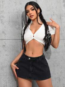 SHEIN Tall Ultra-Short Solid Color Skinny Pocketed Sexy Mini Denim Skirt - Black - View 3