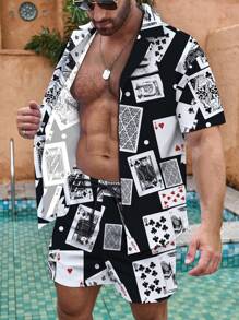 Manfinity Swimmode Large Size Men's Revere Collar Allover Print Short Sleeve Top & Front Tie Hem Beach Shorts Set