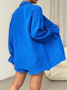 Chiquease Áo sơ mi và quần short có túi có tay loe - Xanh đậm - Xem 2