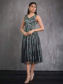 V-Neck Mesh Drawstring High Slit Evening Dress Party Dress Wedding Guest Cocktail Dress - Black - View 4