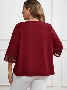 EMERY ROSE Chaqueta blazer casual de cuello redondo con contraste de encaje en talla grande - Burdeos - Ver 2