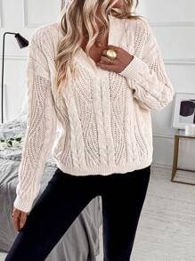 SHEIN LUNE Áo len nữ cổ chữ V tay dài dệt kim kiểu dáng đơn giản, thích hợp mặc mùa thu đông. - Màu be - Xem 5