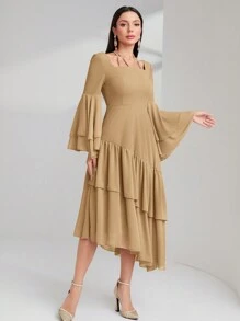 Modelyn Đầm dạ hội dài thanh lịch màu trơn không đối xứng viền xếp nếp theo phong cách Ả Rập dành cho nữ, mùa xuân hè - Màu Khaki - Xem 3