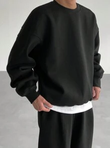 DAZY 2pcs Men's Solid Color Crew Neck Tracksuit Sweatshirt And Pocket Sweatpants Casual Black Set For Fall - Black - View 2