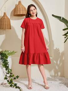 SHEIN Vestido casual de manga corta de unicolor con volantes para niñas adolescentes - Rojo - Ver 5