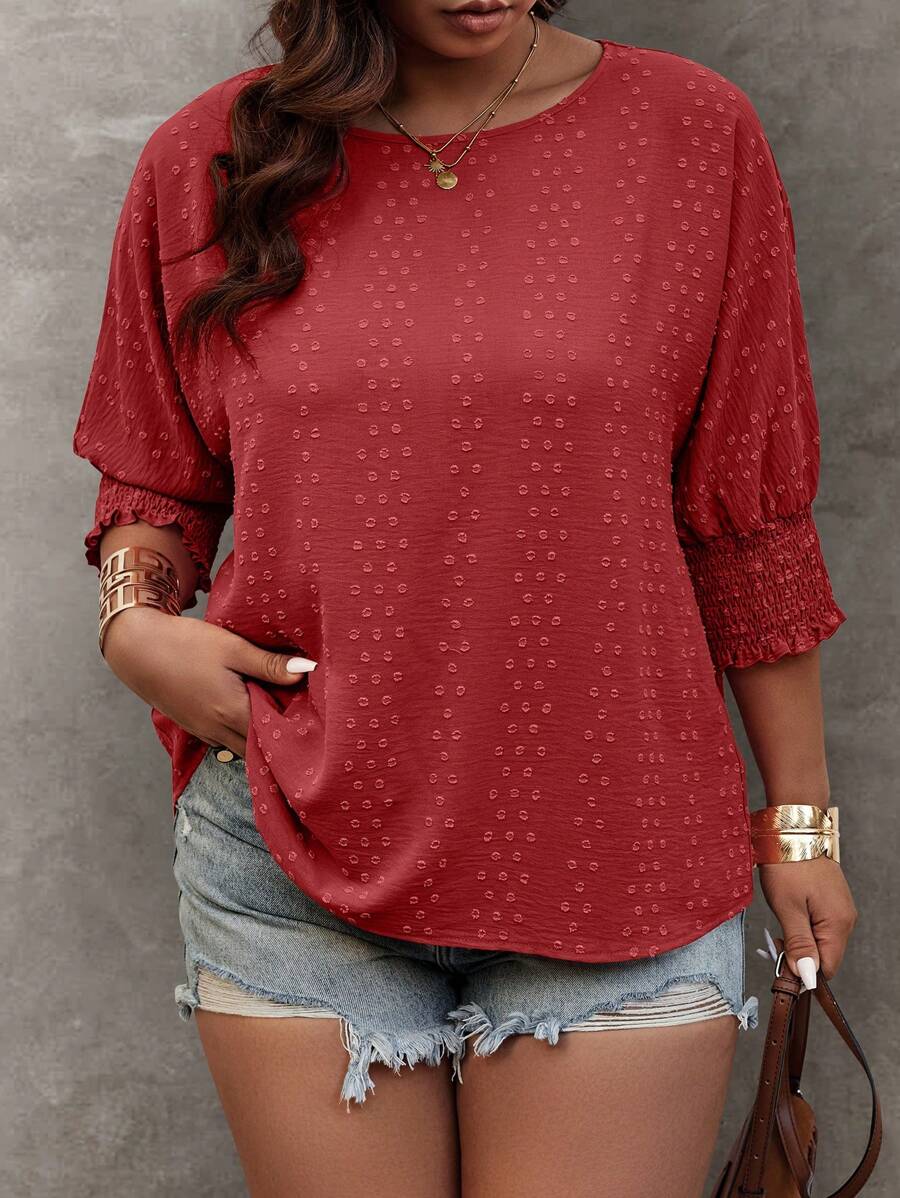 Calvaya 大码女式纯色简约休闲短袖衬衫新年衣服 - 紅色 - 查看 1