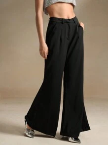 Anewsta Solid Color High Waisted Wide Leg Pants With Pockets - Black - View 4