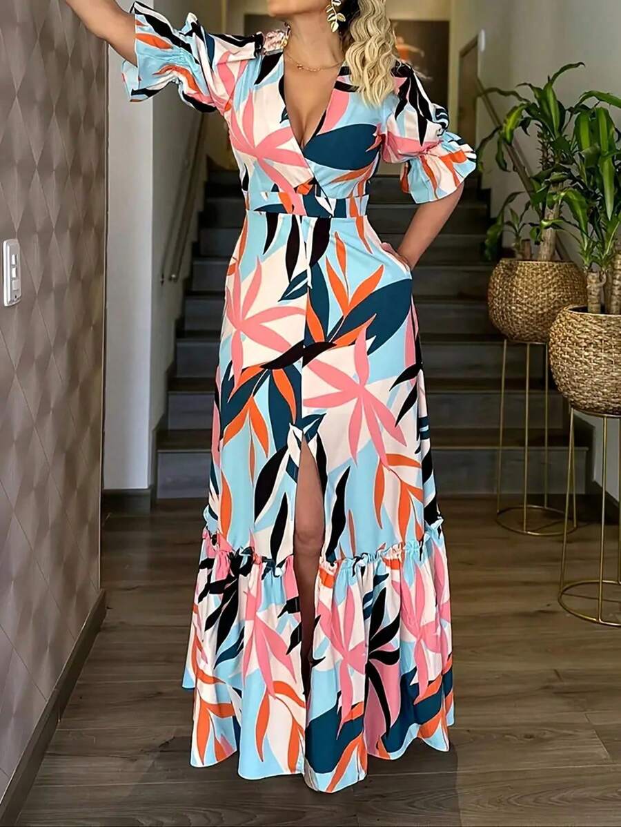 SHEIN Unity Allover Print Flounce Sleeve Ruffle Hem Dress Maxi Women Outfit - Multicolor - View 1