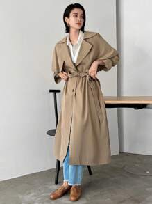 FRIFUL Áo khoác dài trơn màu thường ngày cho nữ, Áo khoác nữ mùa thu - Màu Khaki - Xem 8