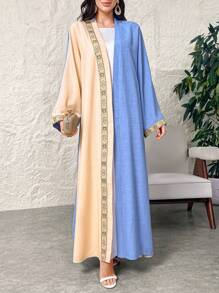 Al Najma 女式拼布花卉装饰色块宽松长袖阿拉伯长袍，适合日常休闲/旅游/假日/度假/聚会 - 藍色 - 查看 5