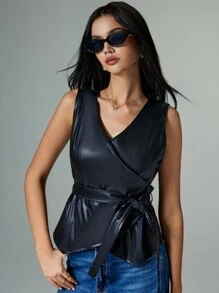 SHEIN Frenchy 女士纯色无袖围腰时尚 PU 皮革休闲夹克，春秋季 - 黑色 - 查看 4