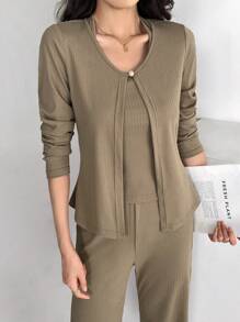 Modelyn Conjunto de 3 piezas para mujer: Chaqueta tipo cárdigan, Camiseta de tirantes y Pantalones casuales 2 piezas - Marrón - Ver 7