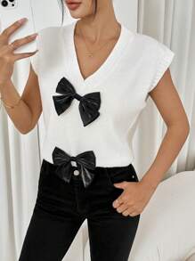 Chiquease Women's Colorblock Bow Decorated Casual Short Sleeve Sweater Vest