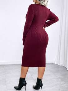 SHEIN Clasi 大码女式纯色 V 领抽绳褶皱侧开衩修身超长长袖毛衣裙，优雅浪漫，酒红色，秋冬，冬季 - 酒紅色 - 查看 2