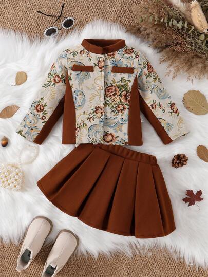 2 piezas Conjunto de chaqueta y falda plisada con estampado floral vintage para bebé niña, primavera y otoño