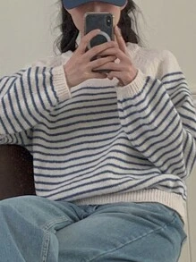 DAZY Women Round Neck Striped Oversized Sweater Fall - Blue - View 3